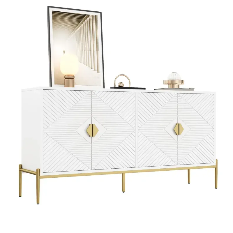 Geometric White 4-Door Sideboard with Gold Accents and Metal Legs