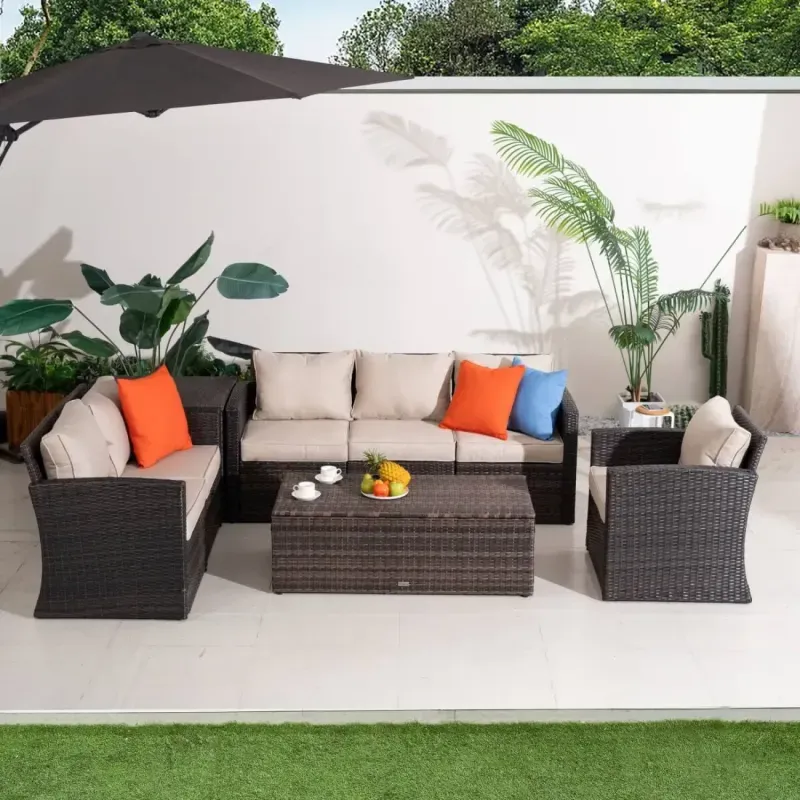 6-Seater Rattan Garden Lounge Set with Storage Coffee Table and Side Table