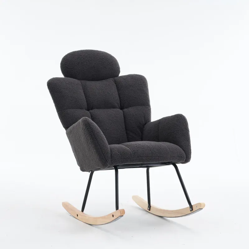 Tufted Teddy Fabric Rocking Chair with Headrest - Dark Grey