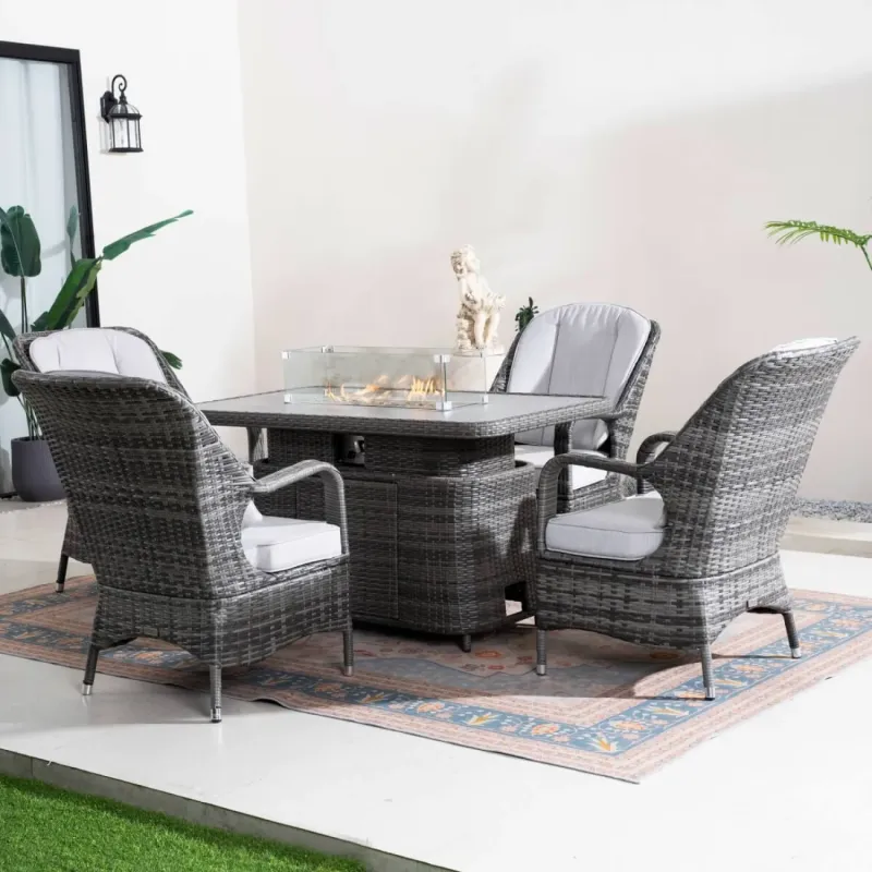 4 Seater Rattan Fire Pit Dining Set with Height Adjustable Rising Table & Aluminium Frame