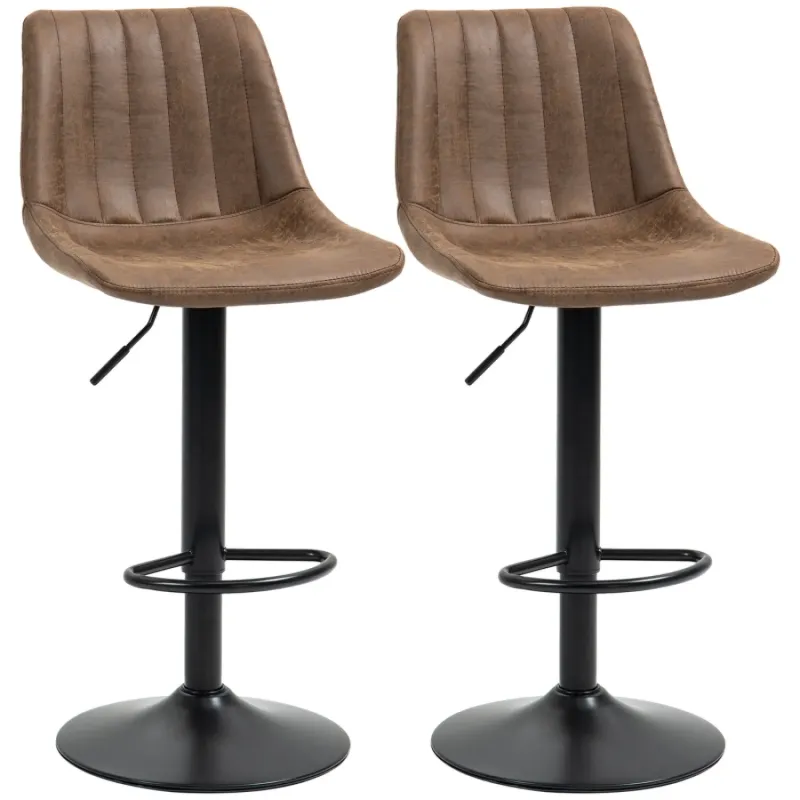 Bar Stools Set of 2, Microfibre in Brown with Adjustable Height and Swivel