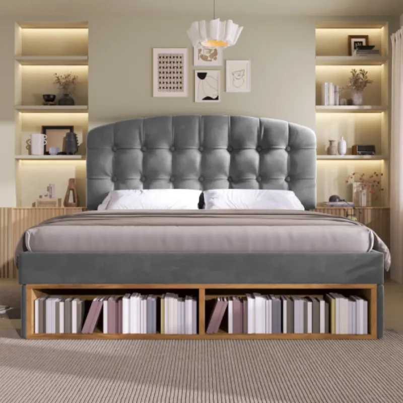 Velvet Upholstered Storage Bed with Drawers and Shelves - Grey - King Size (5ft)