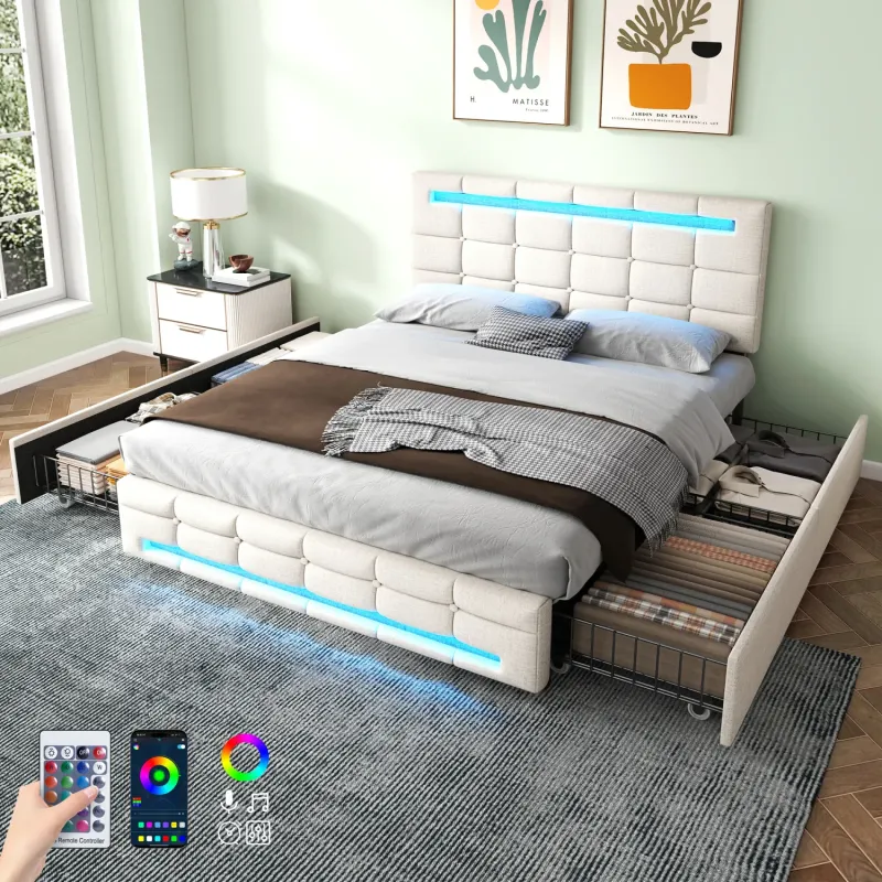 Double Linen Upholstered Bed with RGB LED Lighting and 4 Storage Drawers - Beige