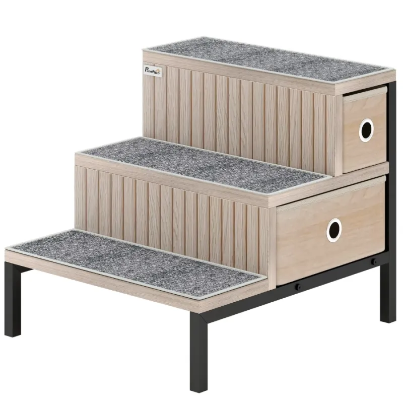 PawHut 3-Step Pet Stairs with Storage Drawers and Non-Slip Mats - Oak Tone