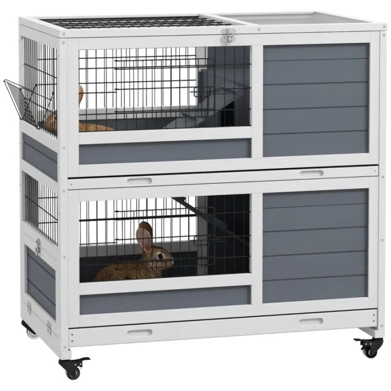 Double Decker Two-Tier Indoor Rabbit Hutch & Guinea Pig Cage - Grey