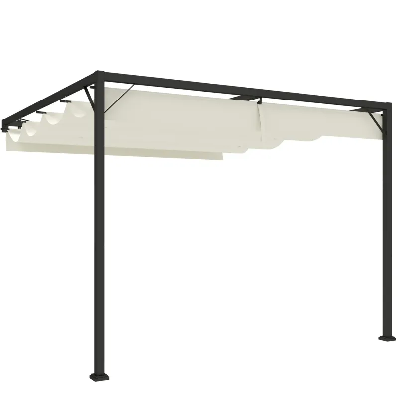  3m x 3m Wall-Mounted Metal Pergola with Retractable Sliding Canopy - Cream White