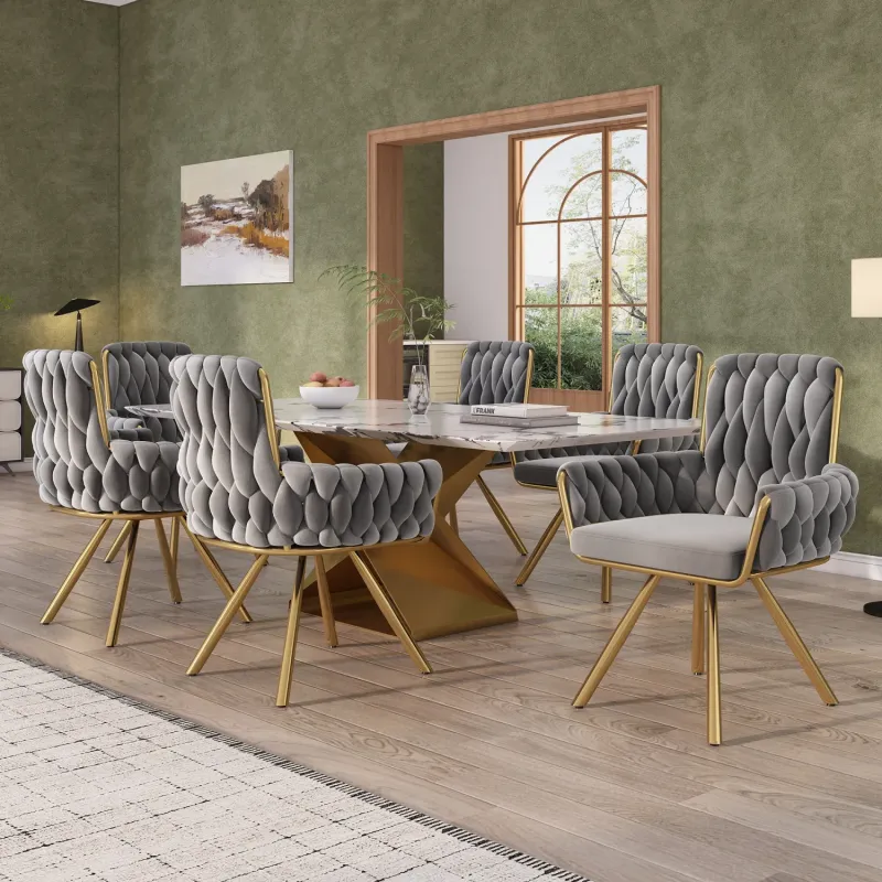 Set of 6 Velvet Swivel Dining Chairs with Armrests - Grey