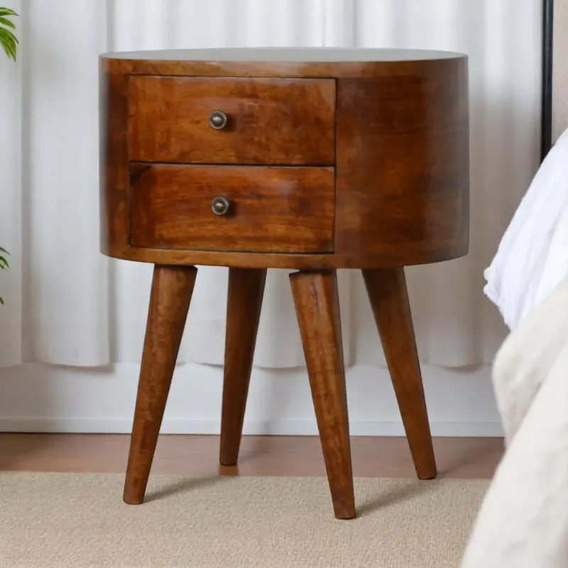 Chestnut Solid Mango Wood 2-Drawer Rounded Bedside Table