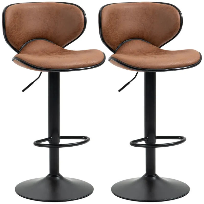 Set of 2 Bar Stools, Microfiber in Brown with Adjustable Swivel Seats