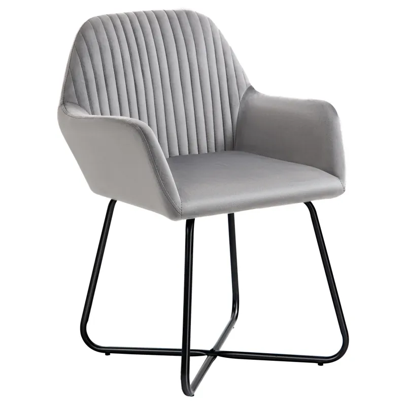 Velvet-Feel Upholstered Armchair in Grey with Criss-Cross Metal Base