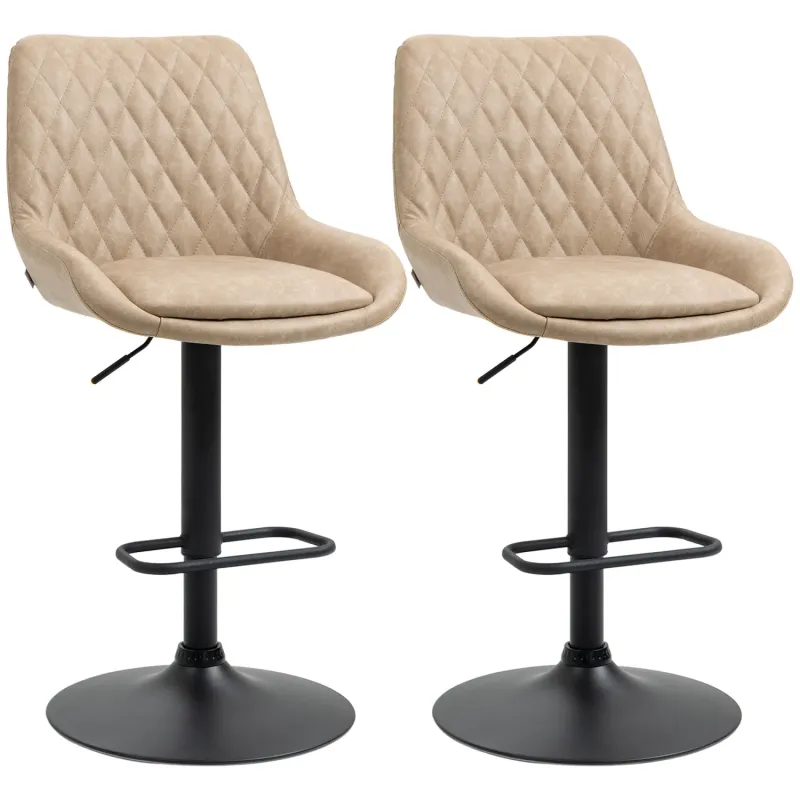 Bar Stool, Set of 2, Faux Leather in Light Khaki with Adjustable Swivel Seat
