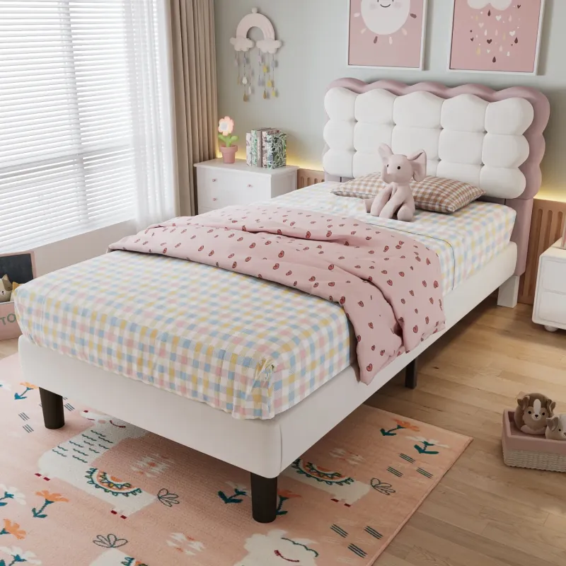 Children's Velvet Single Bed with Biscuit Headboard - Beige & Pink