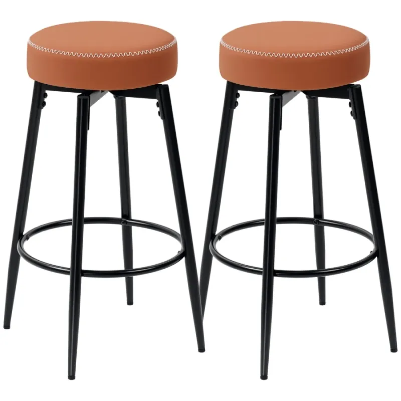 Set of 2 Brown Faux Leather Swivel Bar Stools with Black Metal Legs