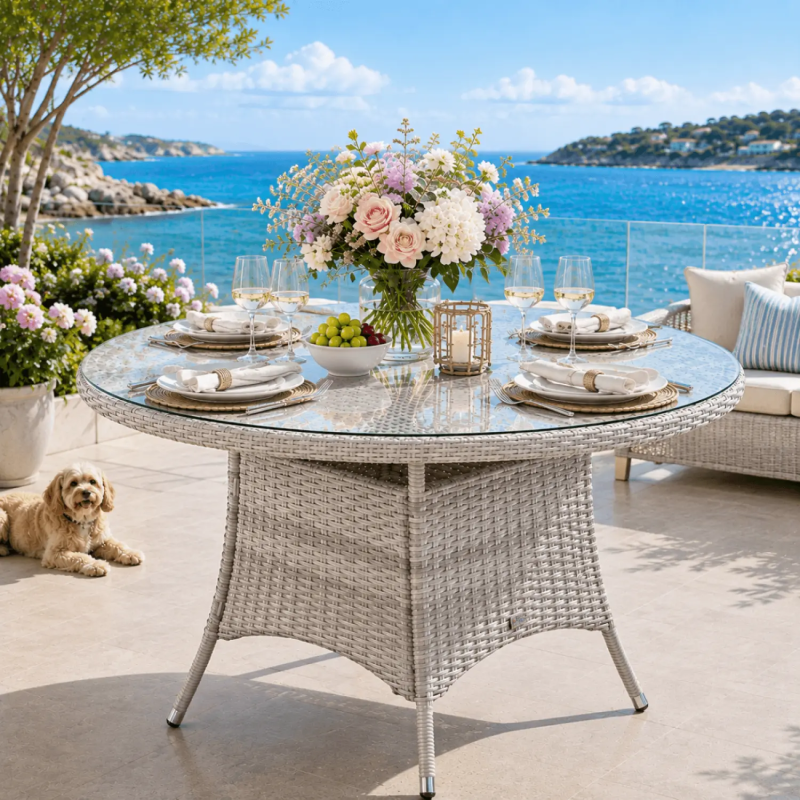 4 Seater Round Rattan Outdoor Dining Table, 120cm - Whitewash