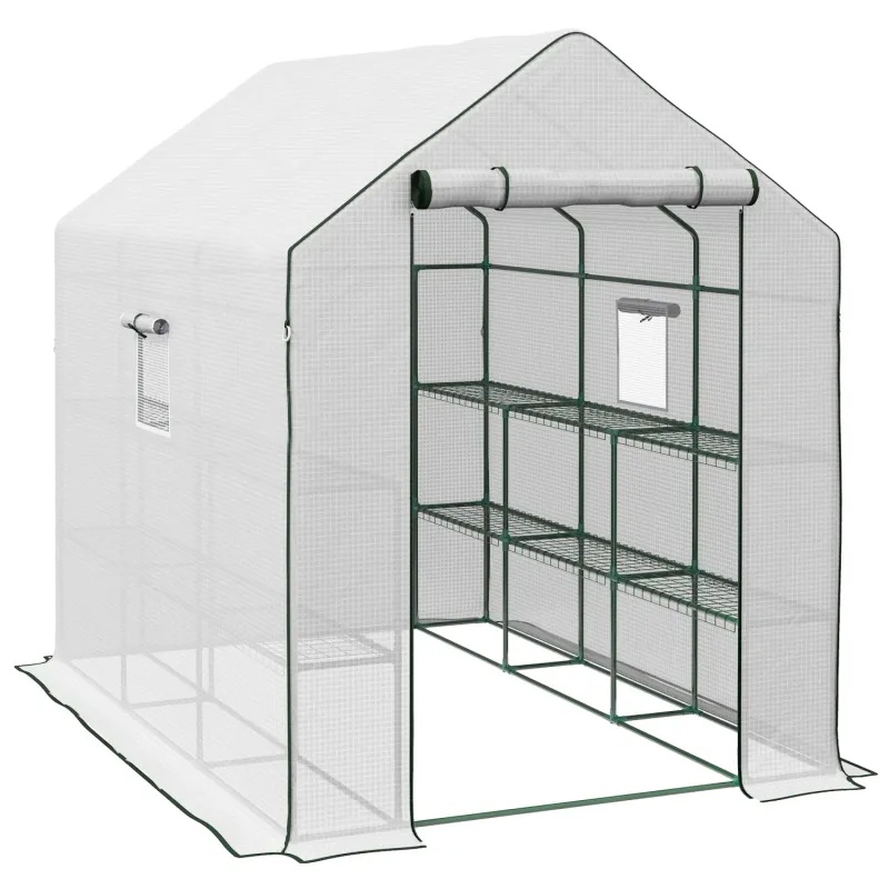 140 x 213 x 190cm Walk-in Greenhouse with 12 Shelves and Reinforced PE Cover - White