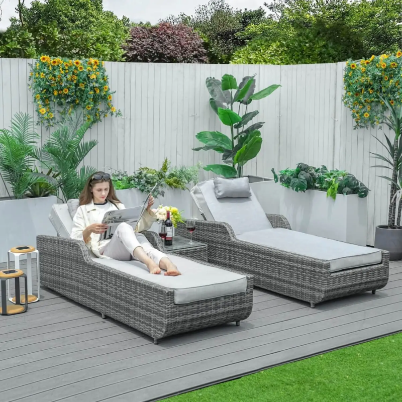 3 Piece Rattan Sun Lounger Set with Side Table - Grey