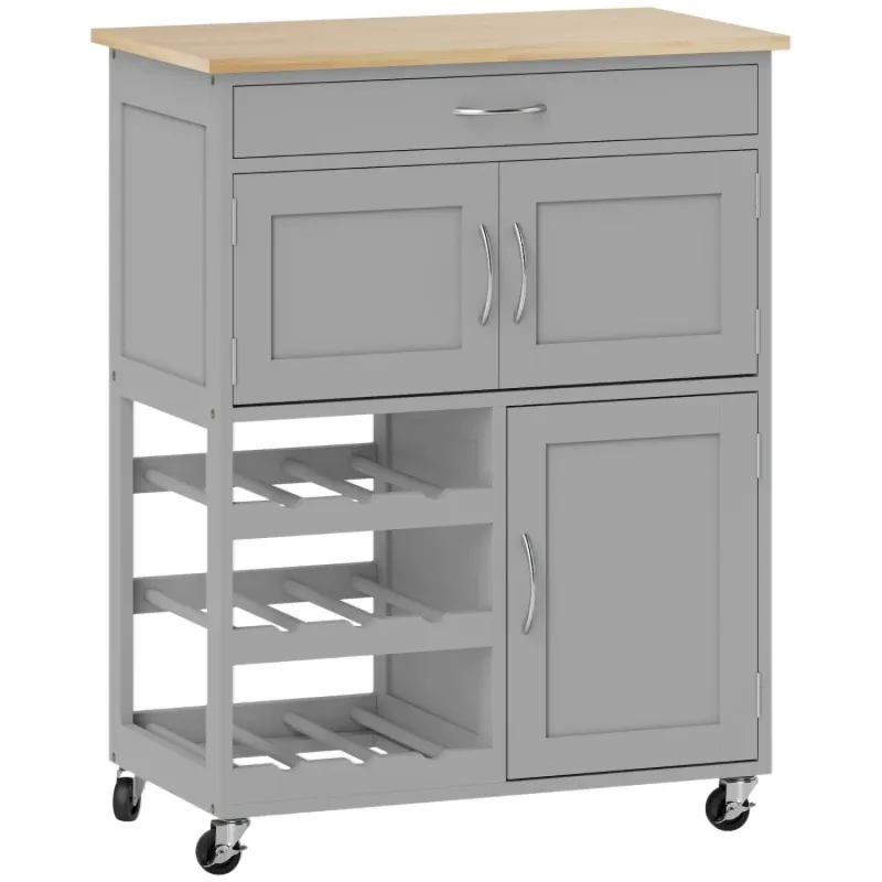  Grey Kitchen Trolley with 9-Bottle Wine Rack and Wooden Worktop