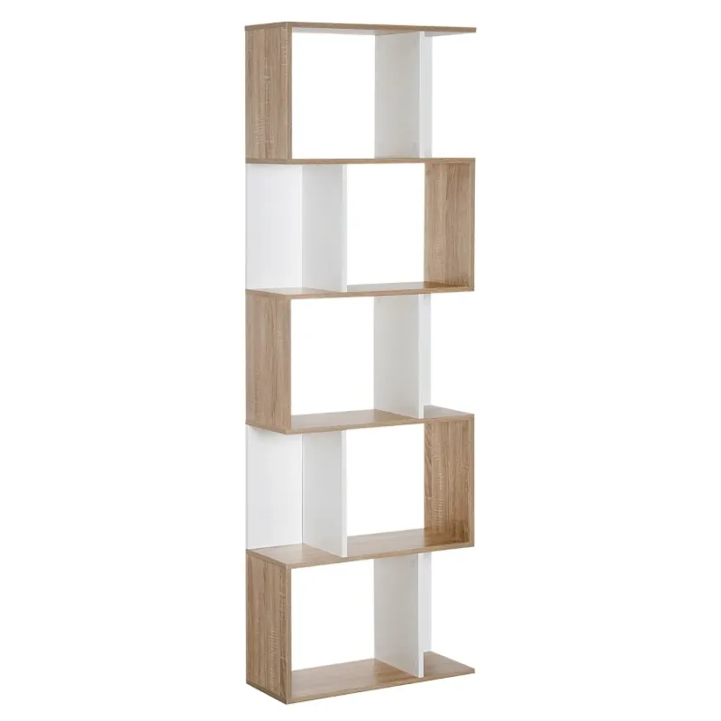 5-Tier S-Shaped Wooden Bookshelf in Oak and White