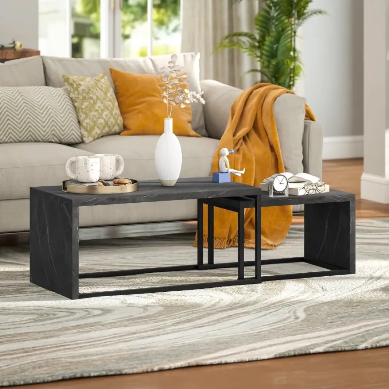 Rectangular Nesting Coffee Tables, Marble Effect in Dark Grey, with Metal Frame