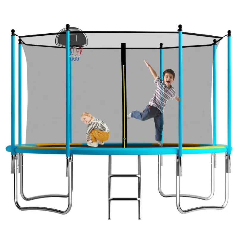 12ft Outdoor Garden Trampoline with Basketball Hoop, Safety Net and Ladder