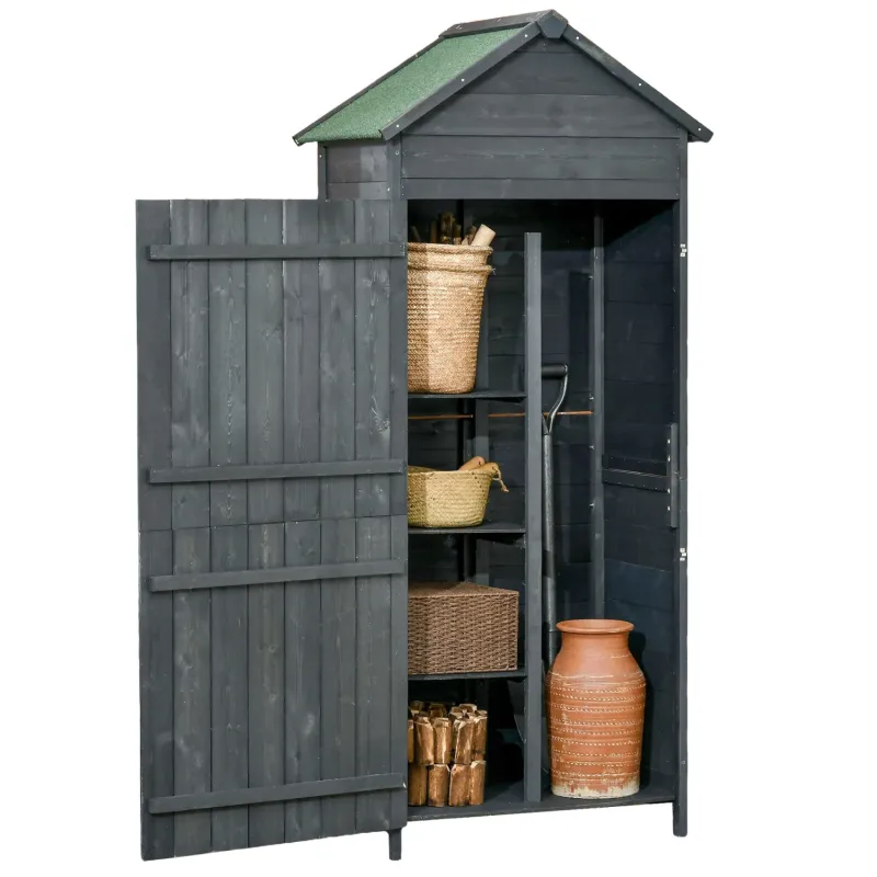 Fir Wood Garden Shed, 188H x 84Wcm, in Grey, with 3 Shelves and Asphalt Roof