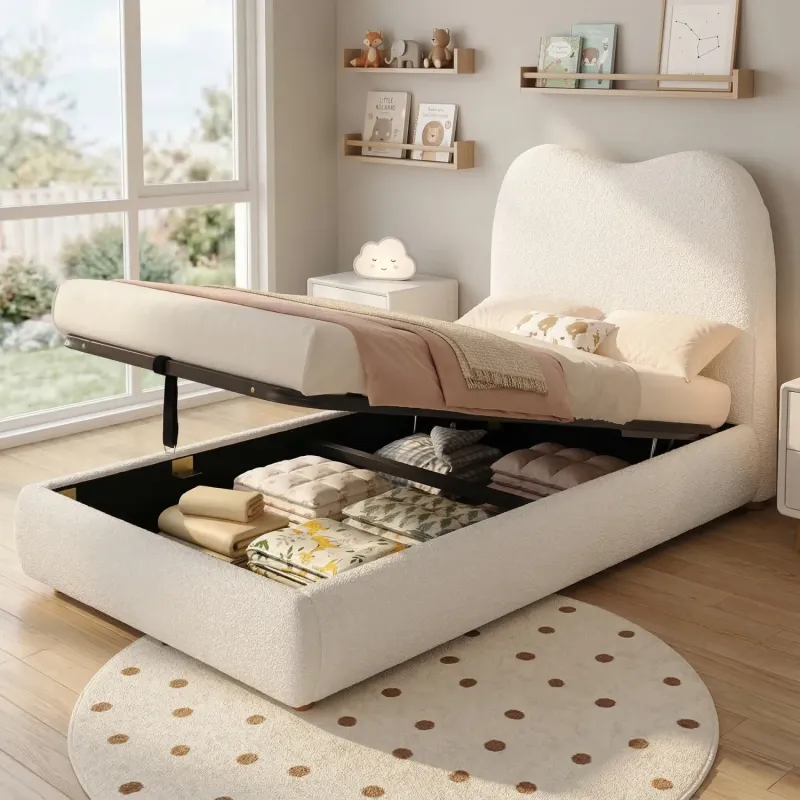 Beige Bouclé Ottoman Storage Single Bed 3ft
