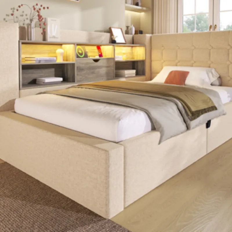 Linen Upholstered Daybed, Single, in Beige, with Hydraulic Storage and Charging Station