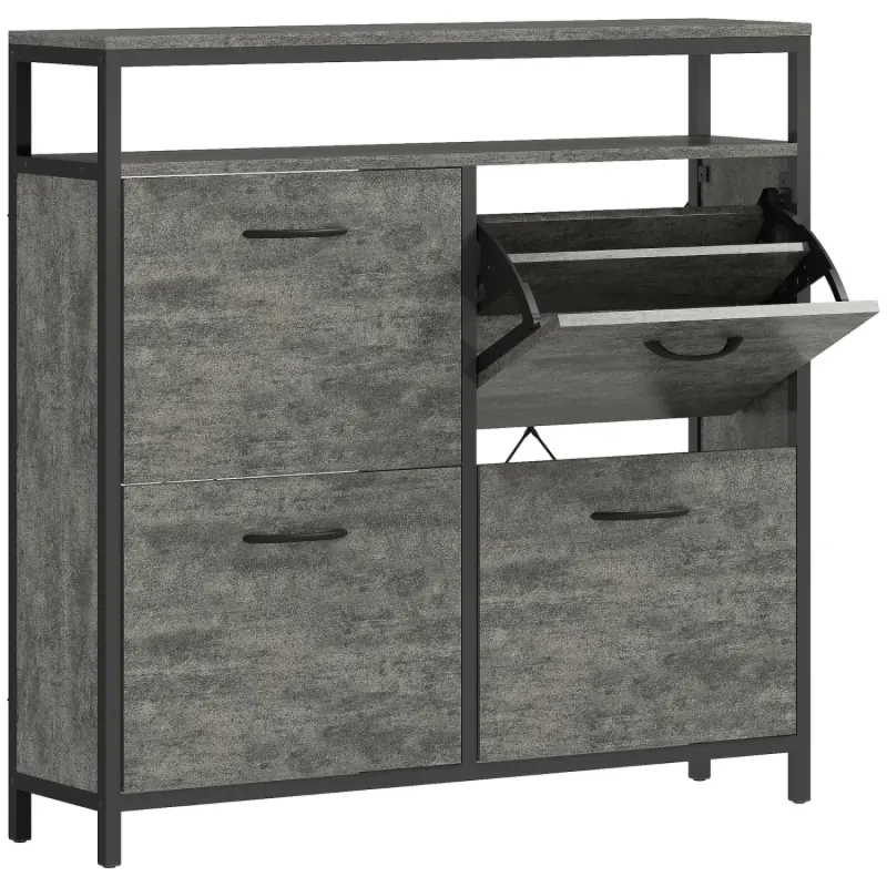 Industrial 4-Drawer Shoe Storage Cabinet with Open Shelf - Grey Cement Effect