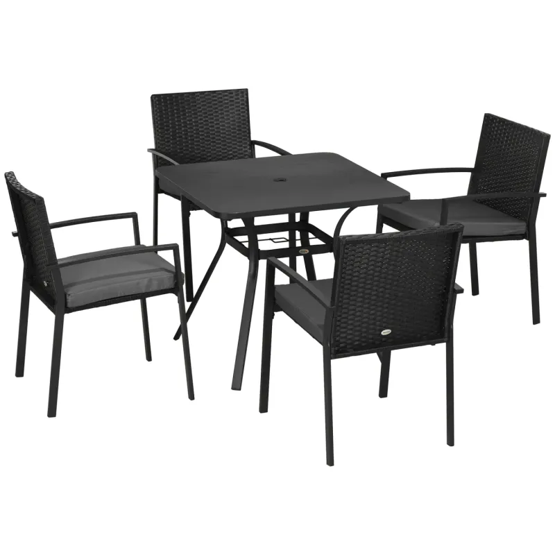  5-Piece Rattan Garden Dining Set with Parasol Hole & Cushions - Black