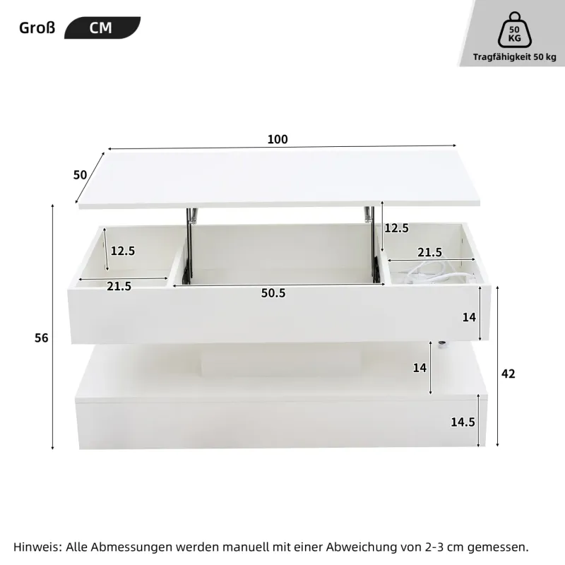 Rectangular Coffee Table, Wood Effect in White, with LED Lights & Lift Top Storage