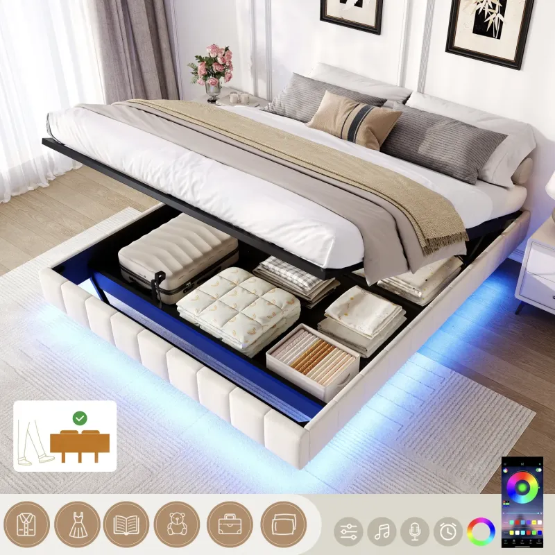 4ft6 Double Floating Ottoman Bed Frame with Smart LED Lights and Under-Bed Storage - Beige Linen