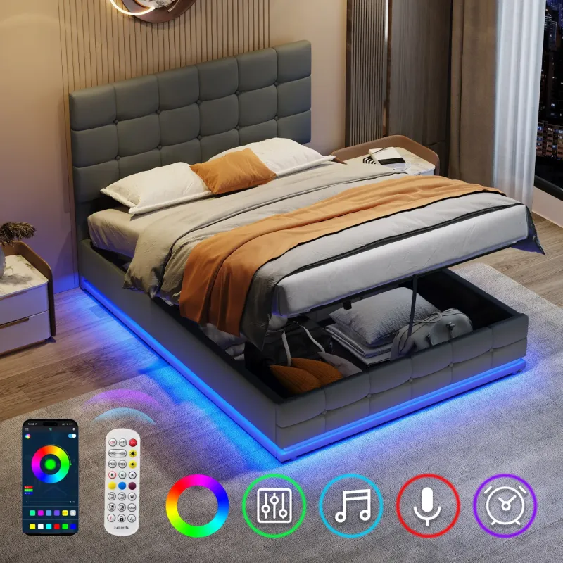 Grey PU Leather Double Ottoman Bed with RGB LED Lighting and Adjustable Headboard