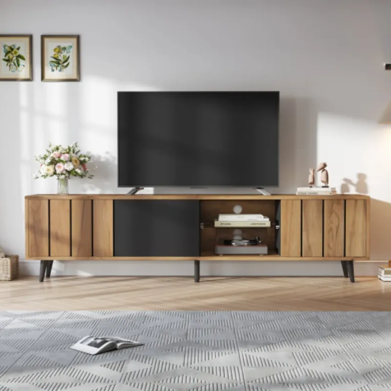 Wood-Effect TV Unit, 175cm, in Wood and Black, with 3 Doors and Glass Shelving
