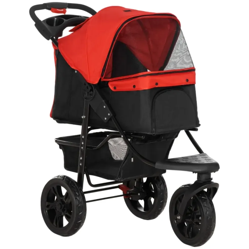 Folding 3-Wheel Pet Stroller with 600D Oxford Cloth - Red/Black