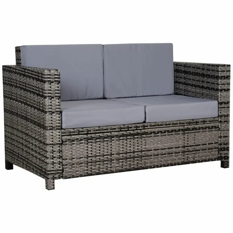  2-Seater Rattan Garden Sofa with Padded Cushions - Mixed Grey