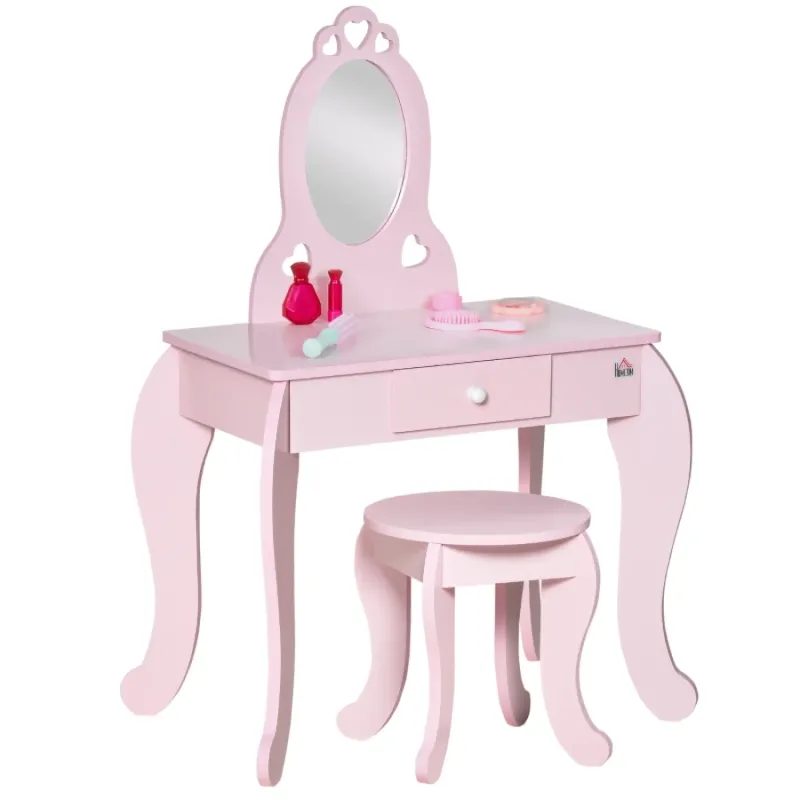 Kids Dressing Table & Stool Set with Mirror - Pink