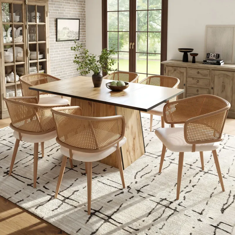 Set of 6 Modern Rattan Dining Chairs with Beige PU Leather Seats and Wood-Effect Legs