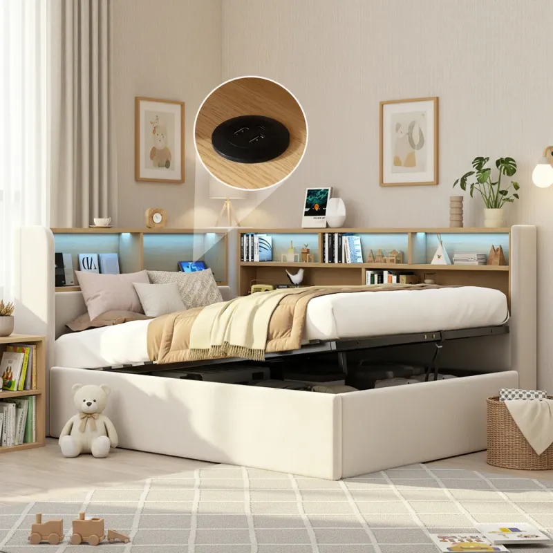 Velvet L-Shaped Daybed with Hydraulic Storage, LED and USB Charging - 3FT Single, Beige