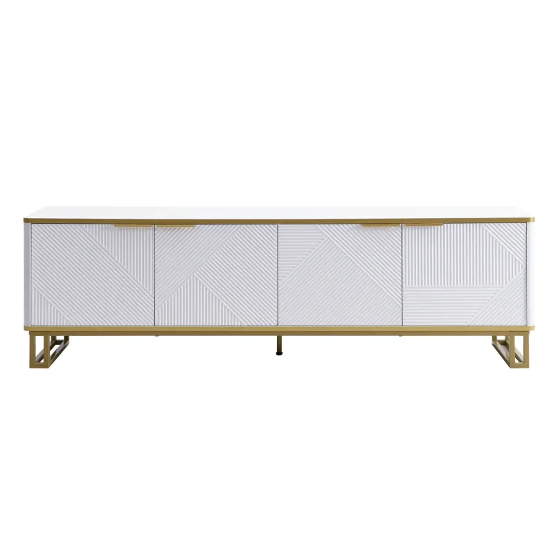 MDF and Metal TV Unit, 160cm, in White & Gold, with Geometric Doors