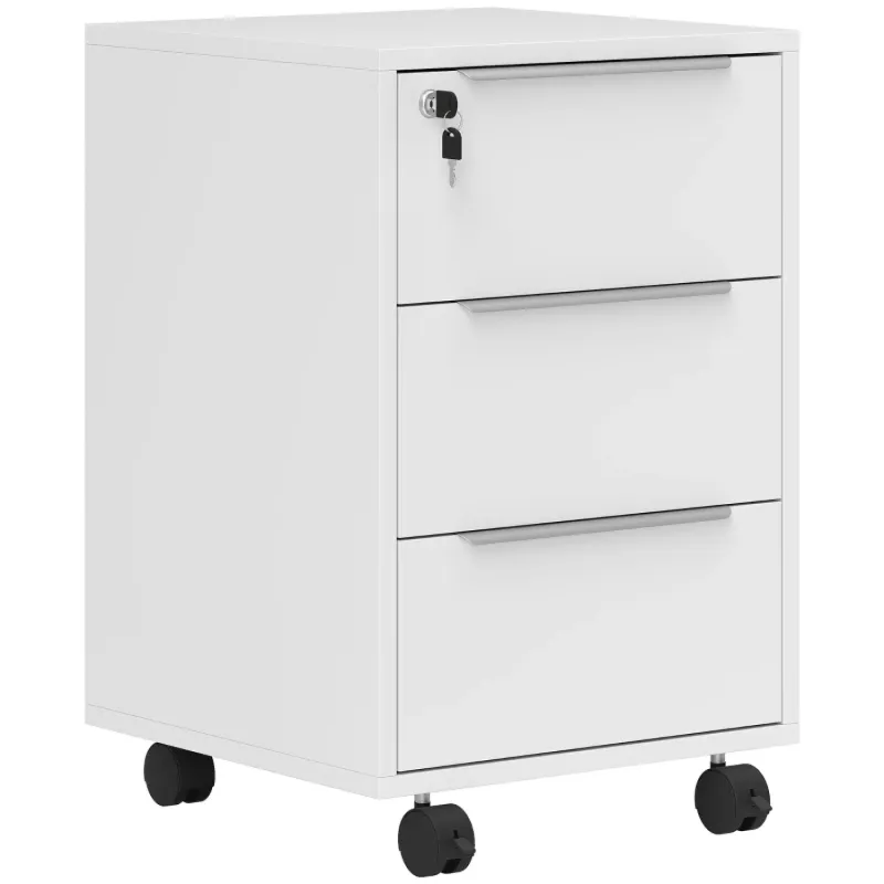 Three-Drawer Locking Filing Cabinet on Wheels - White