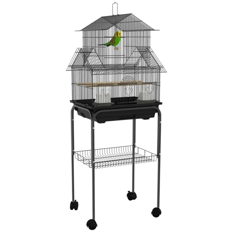Metal Bird Cage with Rolling Stand and Storage Shelf, 121cm
