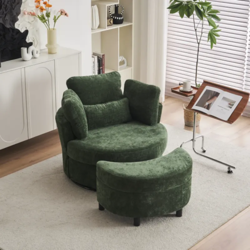 Green Chenille Swivel Armchair with Matching Crescent Ottoman Stool