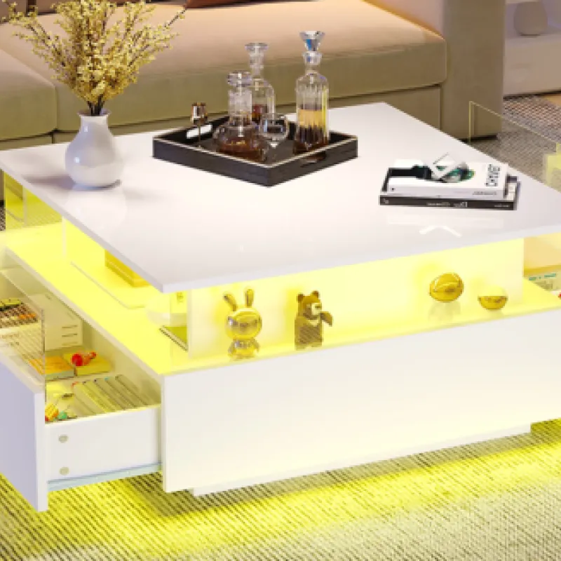 Square White High Gloss Coffee Table with App-Controlled LED Lighting and 2 Drawers
