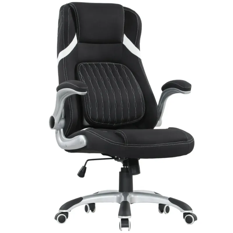 Executive Linen-Look Office Chair with Flip-Up Arms and Adjustable Lumbar Support - Black