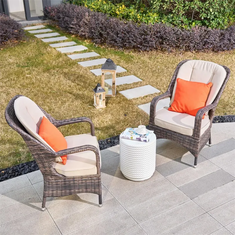 Saint-Malo 3 Piece Rattan Bistro Set with Grey & Brown Chairs and White Table