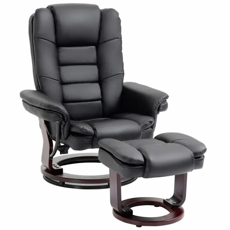 Black Faux Leather Swivel Recliner Chair with Matching Footstool