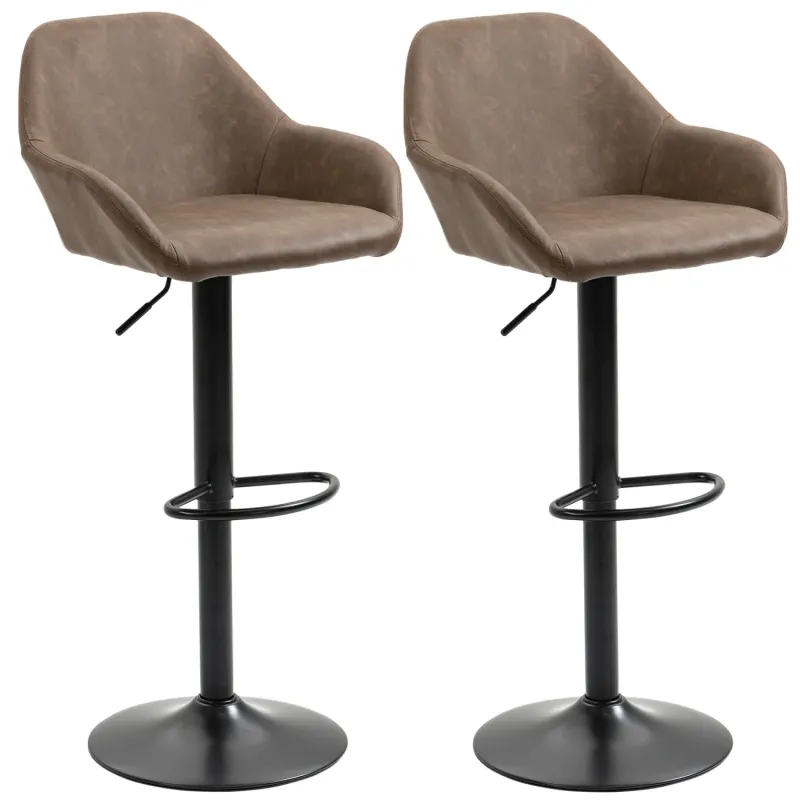 Set of 2 Dark Brown PU Leather Swivel Bar Stools with Armrests