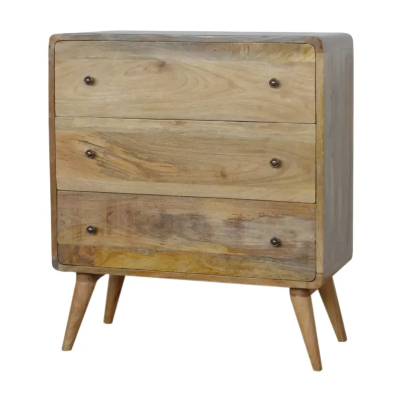 Solid Mango Wood 3 Drawer Curved Chest in Oak-ish Finish