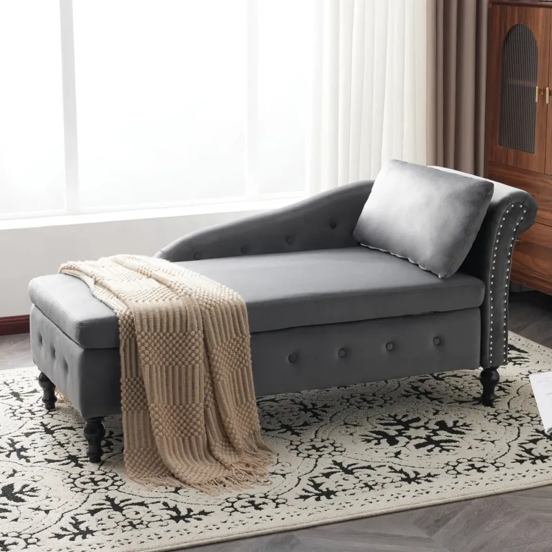 Grey Velvet Storage Chaise Longue with Button Tufting and Rolled Arm - Right Hand