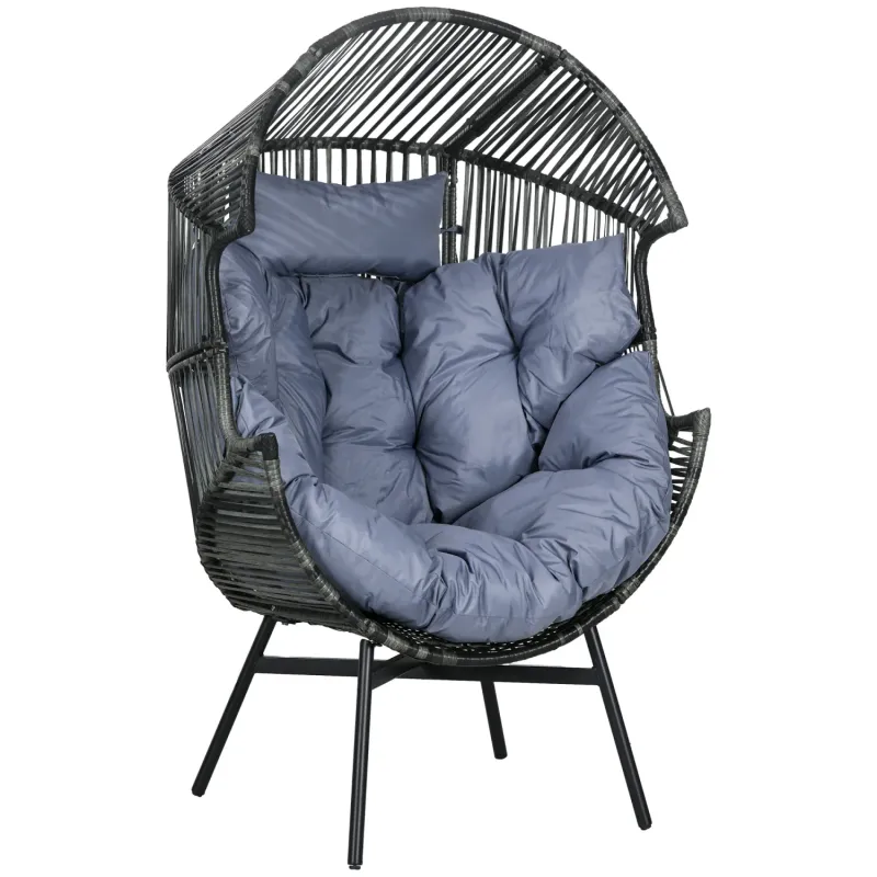  Rattan Egg Chair with Deep Padded Cushions - Grey & Black String Design